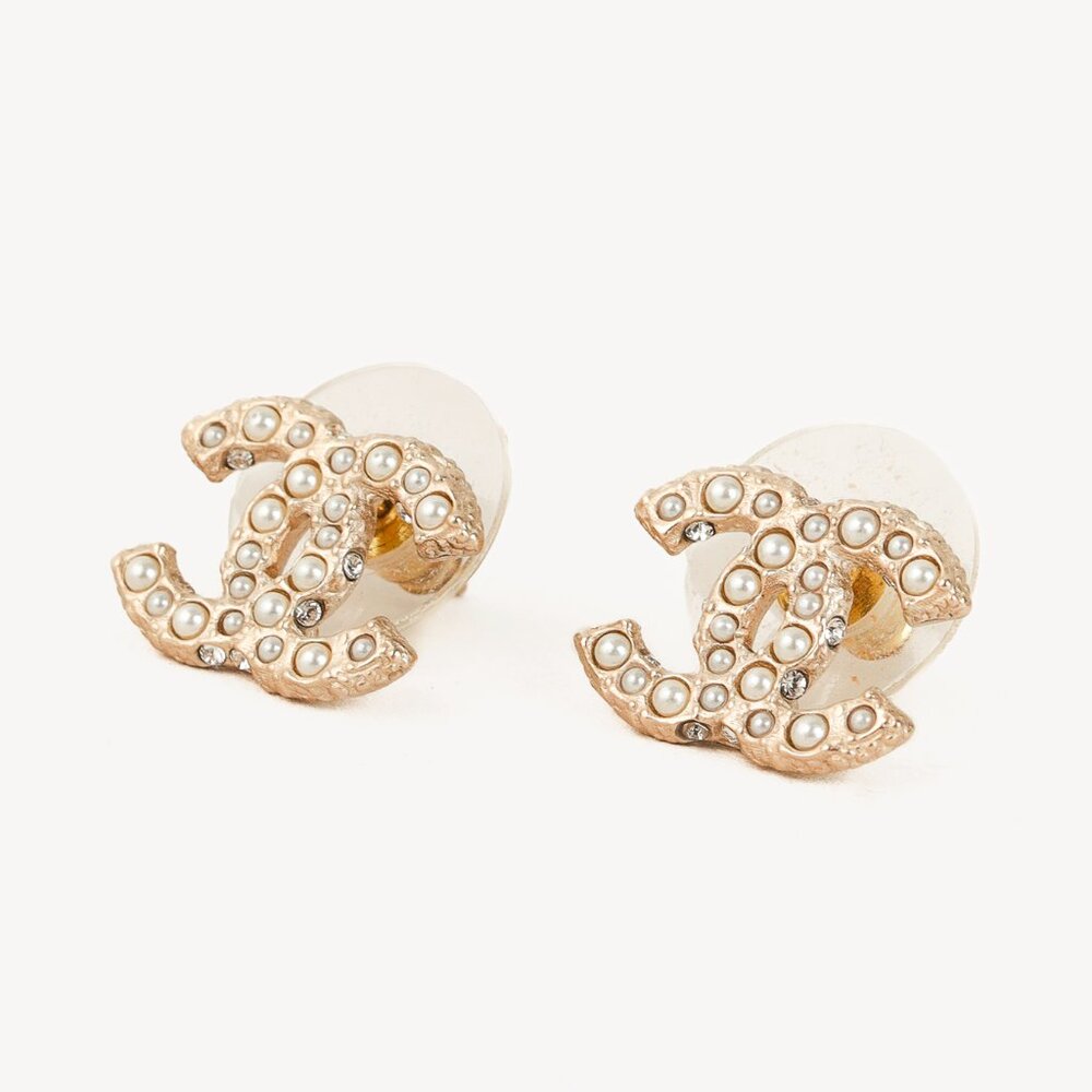 Chanel CC Pearl-Embellished Gold-Tone Stud Earrings